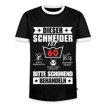 Dieser Schneider ist 60. Schonend behandeln - Männer Kontrast-T-Shirt - Schwarz/Weiß - Vorne - AI Model Female 172 light (172cm) & AI Model Male 178 light (178cm)