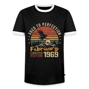 Born in February 1969 Birthday 1969 February - Men's Ringer Shirt - black/white - Front - AI Model Female 172 light (172cm) & AI Model Male 178 light (178cm)