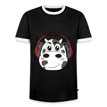 Vache avec écouteurs - T-shirt contrasté Homme - noir/blanc - Devant - AI Model Female 172 light (172cm) & AI Model Male 178 light (178cm)