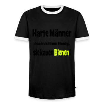 Hard men do not eat honey, they chew bees! - Men's Ringer Shirt - black/white - Front - AI Model Female 172 light (172cm) & AI Model Male 178 light (178cm)