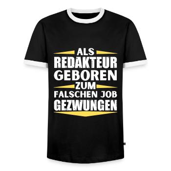 Editor landed in the wrong job - Men's Ringer Shirt - black/white - Front - AI Model Female 172 light (172cm) & AI Model Male 178 light (178cm)