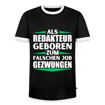 Redakteur im falschen Job gelandet - Männer Kontrast-T-Shirt - Schwarz/Weiß - Vorne - AI Model Female 172 light (172cm) & AI Model Male 178 light (178cm)