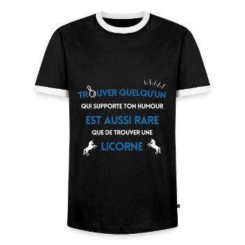 Trouver quelqu'un qui supporte ton humour - T-shirt contrasté Homme - noir/blanc - Devant - AI Model Female 172 light (172cm) & AI Model Male 178 light (178cm)