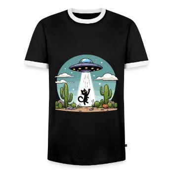 Ufo Katze Space Aliens Weltraum Kaktus Lustig Fun - Männer Kontrast-T-Shirt - Schwarz/Weiß - Vorne - AI Model Female 172 light (172cm) & AI Model Male 178 light (178cm)