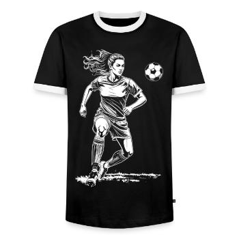 Goal-scorer shirt: Female footballer on the football field - Men's Ringer Shirt - black/white - Front - AI Model Female 172 light (172cm) & AI Model Male 178 light (178cm)