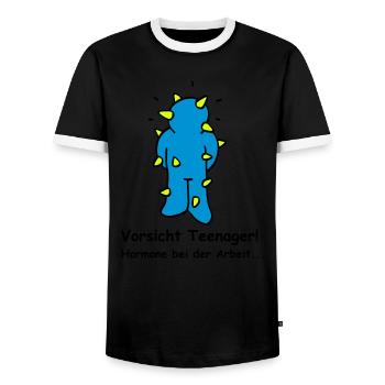Vorsicht Teenager! Hormone bei der Arbeit. - Männer Kontrast-T-Shirt - Schwarz/Weiß - Vorne - AI Model Female 172 light (172cm) & AI Model Male 178 light (178cm)