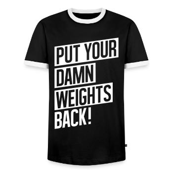 GYM WORKOUT, PUT YOUR DAMN WEIGHTS BACK! - Männer Kontrast-T-Shirt - Schwarz/Weiß - Vorne - AI Model Female 172 light (172cm) & AI Model Male 178 light (178cm)