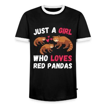 Chinese Animal Girl Gift Red Panda - Men's Ringer Shirt - black/white - Front - AI Model Female 172 light (172cm) & AI Model Male 178 light (178cm)