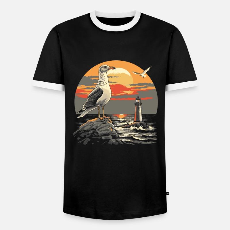 Seagull Seabird Lighthouse Sunset - Men's Ringer Shirt - black/white