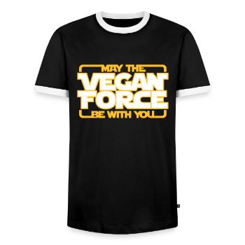 may the Vegan Force be with you - Vegan - Veganer - Men's Ringer Shirt - black/white - Front - AI Model Female 172 light (172cm) & AI Model Male 178 light (178cm)