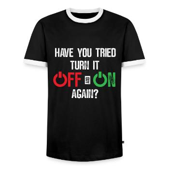 Versucht Aus- und anzuschalten? - Lustig - Männer Kontrast-T-Shirt - Schwarz/Weiß - Vorne - AI Model Female 172 light (172cm) & AI Model Male 178 light (178cm)