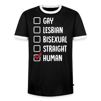 Gay Lesbian Bisexual Straight Human - Men's Ringer Shirt - black/white - Front - AI Model Female 172 light (172cm) & AI Model Male 178 light (178cm)