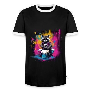 Raccoon Drummer Music Animal Drums - Men's Ringer Shirt - black/white - Front - AI Model Female 172 light (172cm) & AI Model Male 178 light (178cm)