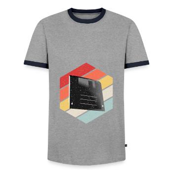 Diskette Floppy Disk - Men's Ringer Shirt - grey/navy  - Front - AI Model Female 172 light (172cm) & AI Model Male 178 light (178cm)