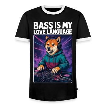 Shiba Inu DJ – Bass Is My Love Language - Männer Kontrast-T-Shirt - Schwarz/Weiß - Vorne - AI Model Female 172 light (172cm) & AI Model Male 178 light (178cm)