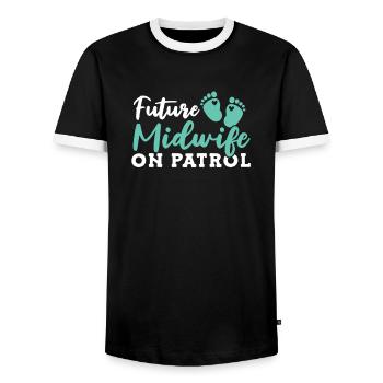 Sage-femme obstétricienne - T-shirt contrasté Homme - noir/blanc - Devant - AI Model Female 172 light (172cm) & AI Model Male 178 light (178cm)