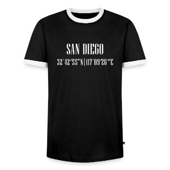 City coordinates San Diego - Men's Ringer Shirt - black/white - Front - AI Model Female 172 light (172cm) & AI Model Male 178 light (178cm)