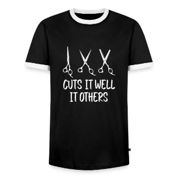 Friseur Hairstylist Friseur - Männer Kontrast-T-Shirt - Schwarz/Weiß - Vorne - AI Model Female 172 light (172cm) & AI Model Male 178 light (178cm)