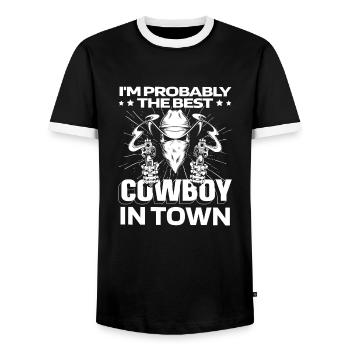 Rodeo Cowboy Weapons - Men's Ringer Shirt - black/white - Front - AI Model Female 172 light (172cm) & AI Model Male 178 light (178cm)