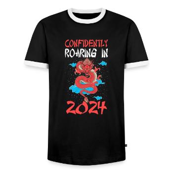 Année du Dragon 2024 - T-shirt contrasté Homme - noir/blanc - Devant - AI Model Female 172 light (172cm) & AI Model Male 178 light (178cm)