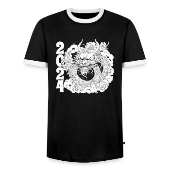 Year of the Dragon 2024 - Men's Ringer Shirt - black/white - Front - AI Model Female 172 light (172cm) & AI Model Male 178 light (178cm)
