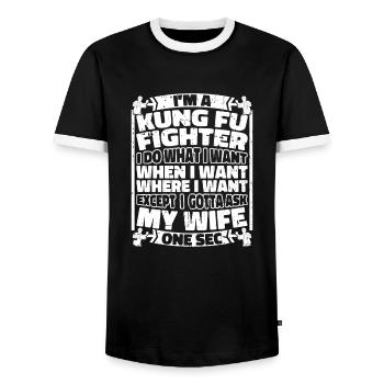 Kung Fu Funny - Men's Ringer Shirt - black/white - Front - AI Model Female 172 light (172cm) & AI Model Male 178 light (178cm)