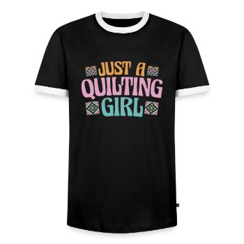 Quilting Just A Quilting Girl - Men's Ringer Shirt - black/white - Front - AI Model Female 172 light (172cm) & AI Model Male 178 light (178cm)