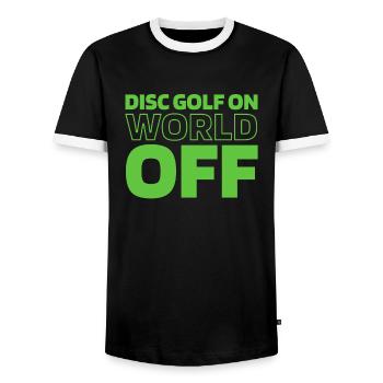 Frisbee Golf Disc Golf Disc Golf On World Off - Men's Ringer Shirt - black/white - Front - AI Model Female 172 light (172cm) & AI Model Male 178 light (178cm)