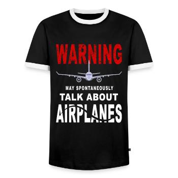 Warning May Start Spontaneously Talk About - Männer Kontrast-T-Shirt - Schwarz/Weiß - Vorne - AI Model Female 172 light (172cm) & AI Model Male 178 light (178cm)