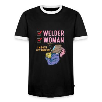 Welder Woman I'm Both Get Over It Funny Welding - Men's Ringer Shirt - black/white - Front - AI Model Female 172 light (172cm) & AI Model Male 178 light (178cm)