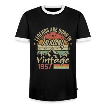 The Legends were born in January 1957 - 1957 - Men's Ringer Shirt - black/white - Front - AI Model Female 172 light (172cm) & AI Model Male 178 light (178cm)