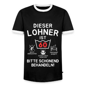 This wage-earner is 60. Treat gently - Men's Ringer Shirt - black/white - Front - AI Model Female 172 light (172cm) & AI Model Male 178 light (178cm)