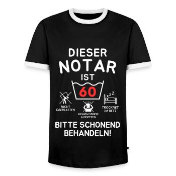 This notary is 60 years old. - Men's Ringer Shirt - black/white - Front - AI Model Female 172 light (172cm) & AI Model Male 178 light (178cm)