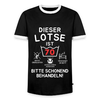 This pilot is 70. Treat gently - Men's Ringer Shirt - black/white - Front - AI Model Female 172 light (172cm) & AI Model Male 178 light (178cm)