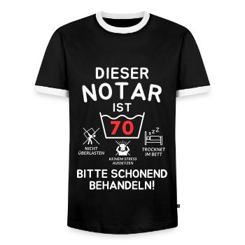 This notary is 70 years old. - Men's Ringer Shirt - black/white - Front - AI Model Female 172 light (172cm) & AI Model Male 178 light (178cm)
