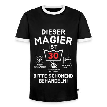 This magician is 30. - Men's Ringer Shirt - black/white - Front - AI Model Female 172 light (172cm) & AI Model Male 178 light (178cm)