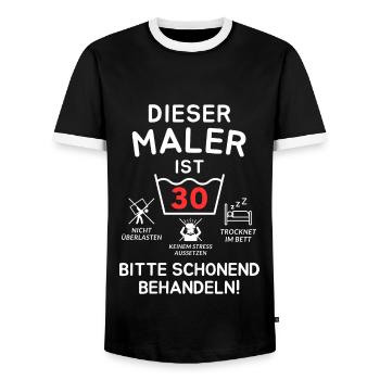 This painter is 30 years old. - Men's Ringer Shirt - black/white - Front - AI Model Female 172 light (172cm) & AI Model Male 178 light (178cm)