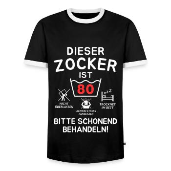 This gambler is 80. - Men's Ringer Shirt - black/white - Front - AI Model Female 172 light (172cm) & AI Model Male 178 light (178cm)