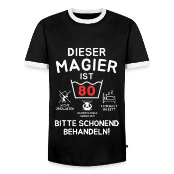 This magician is 80. - Men's Ringer Shirt - black/white - Front - AI Model Female 172 light (172cm) & AI Model Male 178 light (178cm)