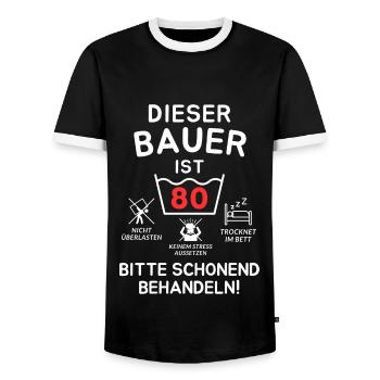 Dieser Bauer ist 80. Schonend behandeln - Männer Kontrast-T-Shirt - Schwarz/Weiß - Vorne - AI Model Female 172 light (172cm) & AI Model Male 178 light (178cm)