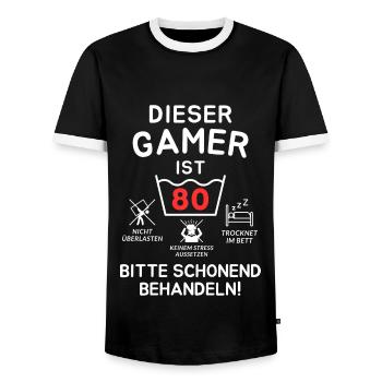 This gamer is 80. - Men's Ringer Shirt - black/white - Front - AI Model Female 172 light (172cm) & AI Model Male 178 light (178cm)