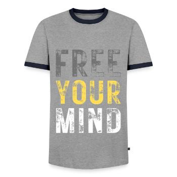 LIBÉREZ VOTRE – couleur grise, jaune, blanc - T-shirt contrasté Homme - gris/marine  - Devant - AI Model Female 172 light (172cm) & AI Model Male 178 light (178cm)