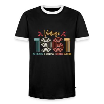 Birthday 1961 Birthday Born in 1961 Retro - Men's Ringer Shirt - black/white - Front - AI Model Female 172 light (172cm) & AI Model Male 178 light (178cm)