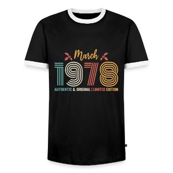 March 1978 Retro March 1978 Anniversary - Men's Ringer Shirt - black/white - Front - AI Model Female 172 light (172cm) & AI Model Male 178 light (178cm)