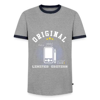 Year 1996 - Men's Ringer Shirt - grey/navy  - Front - AI Model Female 172 light (172cm) & AI Model Male 178 light (178cm)