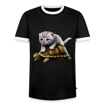 Cat on turtle - Men's Ringer Shirt - black/white - Front - AI Model Female 172 light (172cm) & AI Model Male 178 light (178cm)
