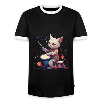 Katze Schlagzeuger Musik Schlagzeug Ägyptische Mau - Männer Kontrast-T-Shirt - Schwarz/Weiß - Vorne - AI Model Female 172 light (172cm) & AI Model Male 178 light (178cm)