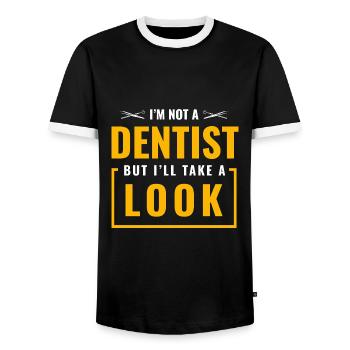 Ich bin kein Zahnarzt, aber ich werfe einen Blick auf Dental Dent - Männer Kontrast-T-Shirt - Schwarz/Weiß - Vorne - AI Model Female 172 light (172cm) & AI Model Male 178 light (178cm)