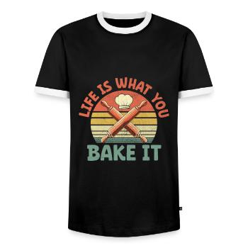 Life Is What You Bake It Pastry Bread Baking Cake - Men's Ringer Shirt - black/white - Front - AI Model Female 172 light (172cm) & AI Model Male 178 light (178cm)