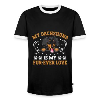 Mein Dackel ist mein Pelz-Ewige Liebe Hundebesitzer Hundeliebhaber - Männer Kontrast-T-Shirt - Schwarz/Weiß - Vorne - AI Model Female 172 light (172cm) & AI Model Male 178 light (178cm)